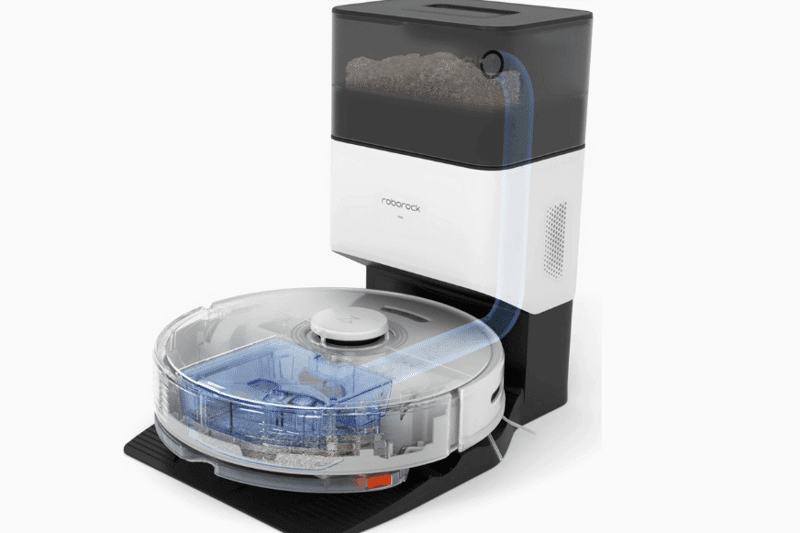 The image illustrates how the Roborock Q7 Max+ emptying station works.